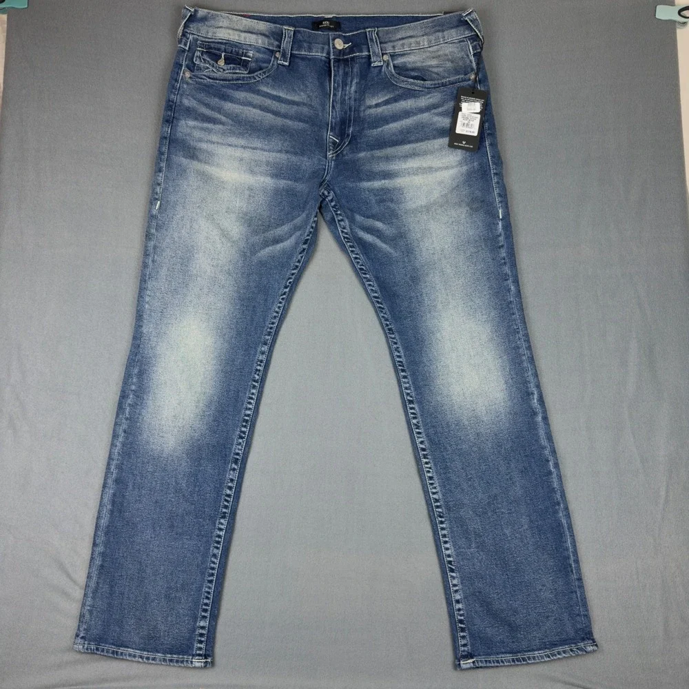 True Religion Ricky Relaxed Straight Jeans Medium Wash Blue Denim Mens 40x33 NEW